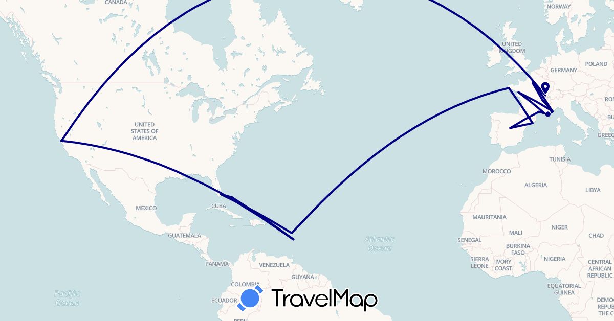 TravelMap itinerary: driving in Bahamas, Spain, France, Monaco, United States (Europe, North America)